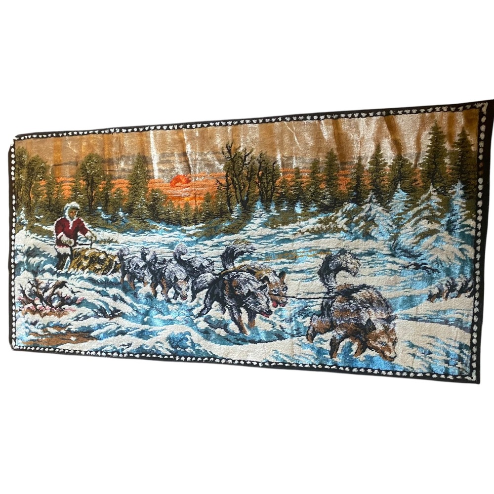 Vintage Velvet Tapestry Dog Sled Team Musher Winter Sunset Wall Hanging 38x19